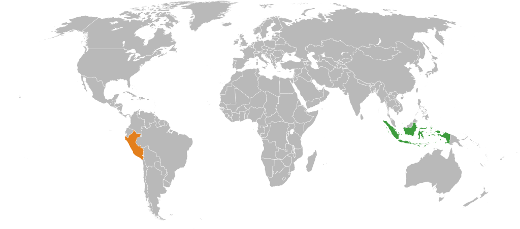 World map highlighting the countries of Indonesia and Peru