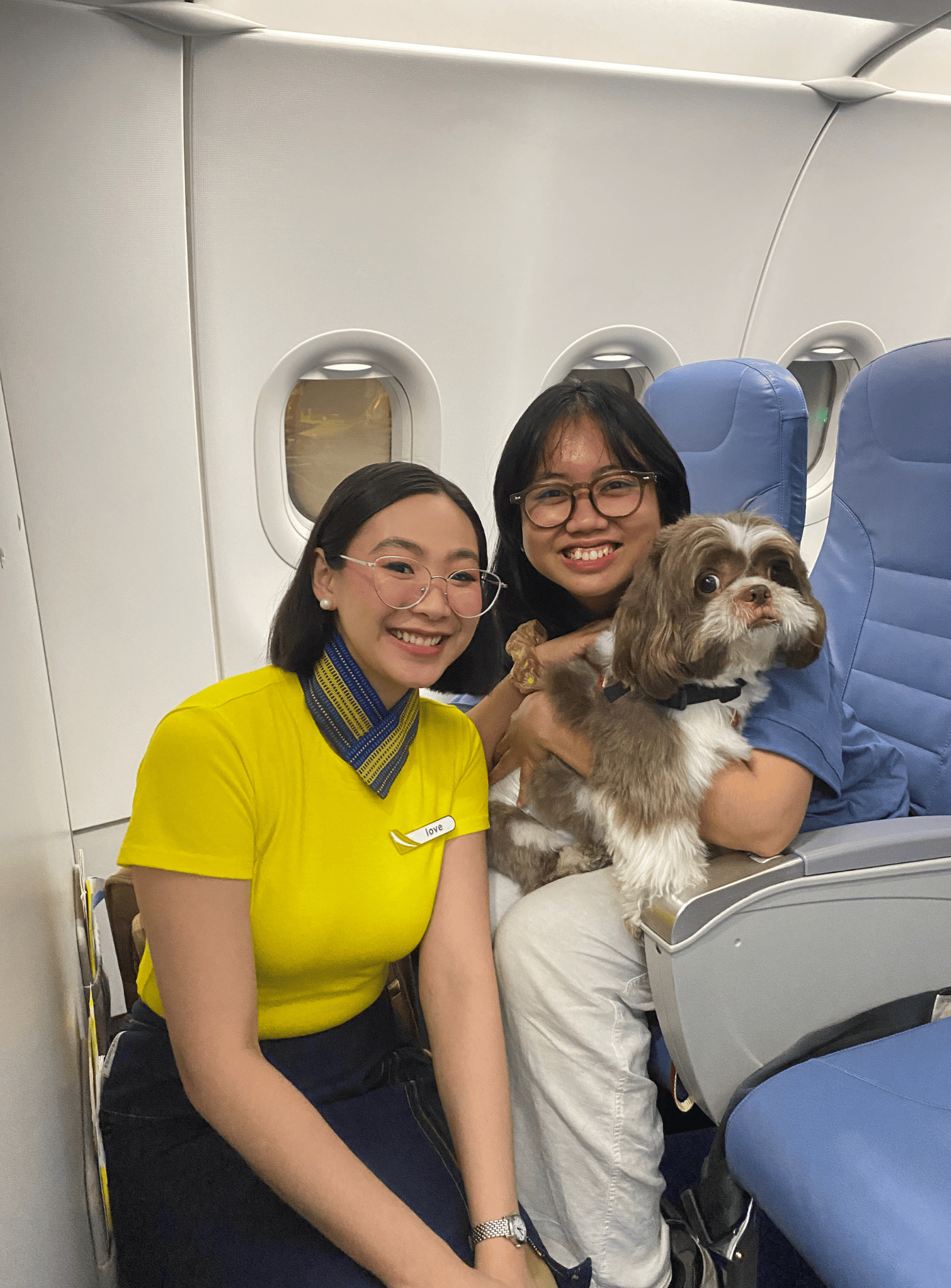 A heartwarming photo showcasing the VIP in-cabin pet travel service arranged by Pet Travel Indo. The Pet Travel Indo team holds the Shih Tzu on her lap while posing next to a friendly flight attendant of Cuba Pacific Airlines inside the airplane, demonstrating a welcoming and smoothly coordinated pet-friendly journey.