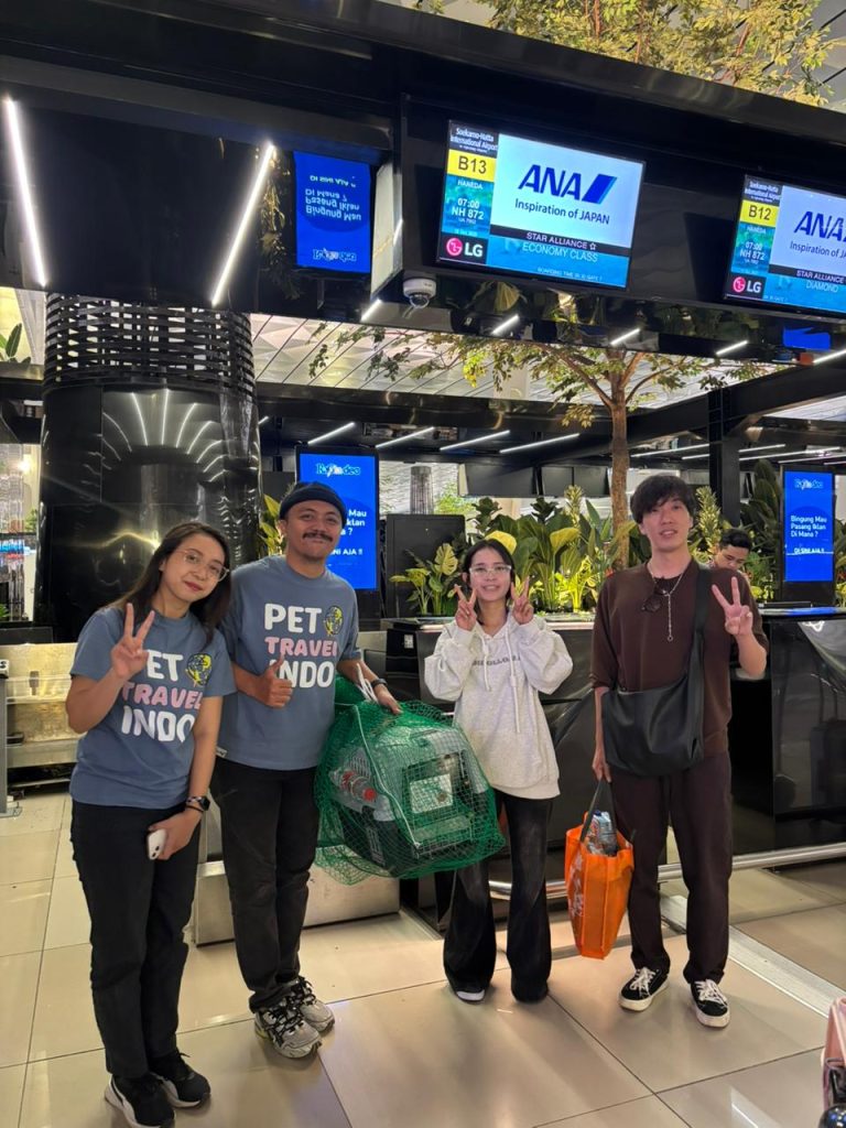 The Pet Travel Indo team at Soekarno-Hatta International Airport assisting Piti’s relocation to Japan, posing with the cat’s owners before boarding the ANA flight to Tokyo—marking Pet Travel Indo’s first successful pet shipment to Japan.